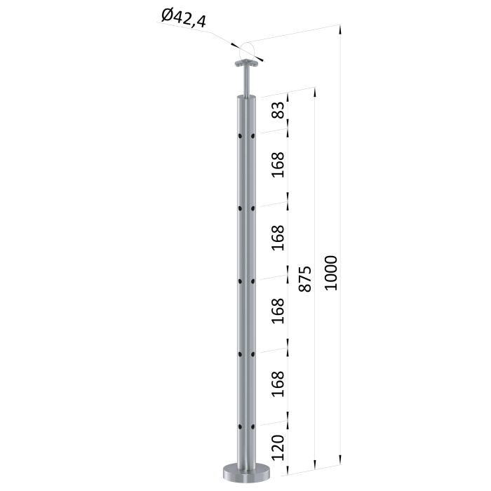 Nerezový sloup, vrchní kotvení, 5děrový, rohový: 90°