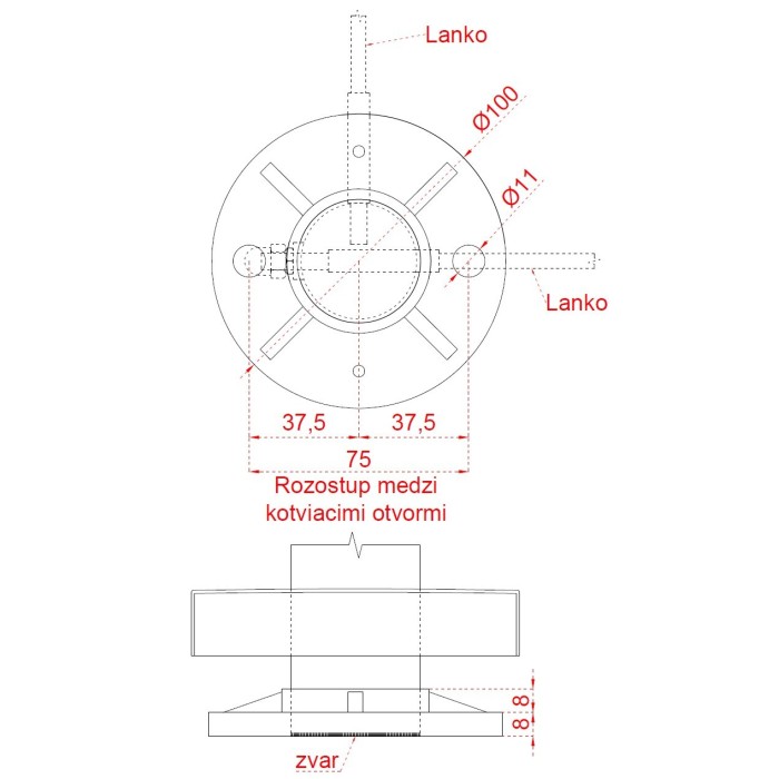 Nerezový sloup, vrchní kotvení, 6děrový, lanko, rohový 90° - Obrázek 4