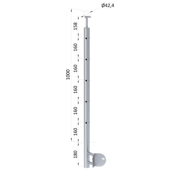Nerezový sloup, boční kotvení rohové, 5děrový, rohový: 90°