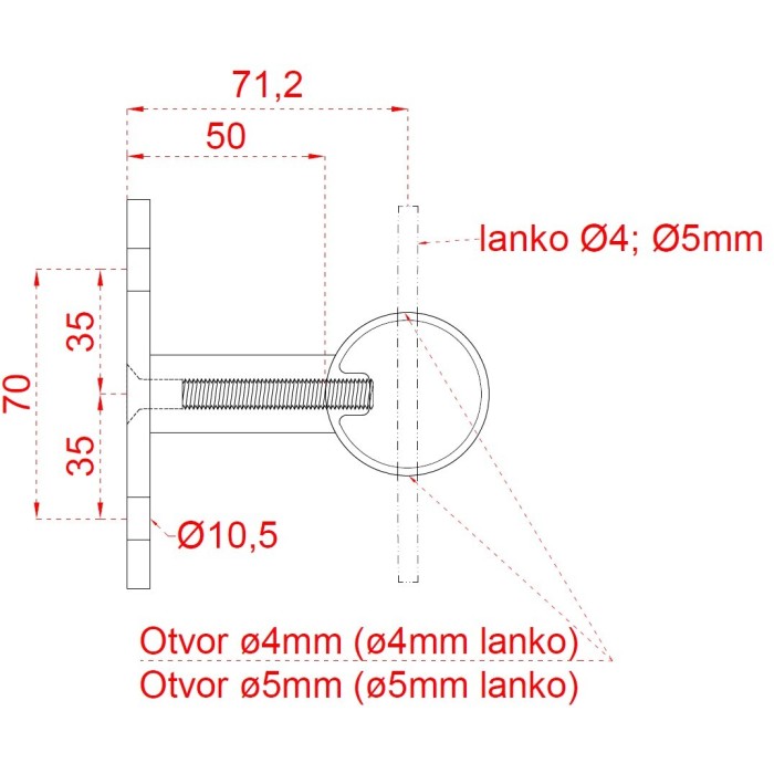 Nerezový sloup, boční kotvení, 6děrový, lanko, průchozí - Obrázek 4