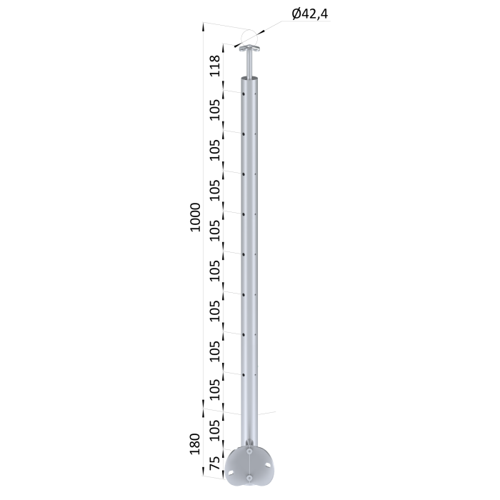Nerezový sloup, boční kotvení, 8děrový na lanko, rohový: 90°