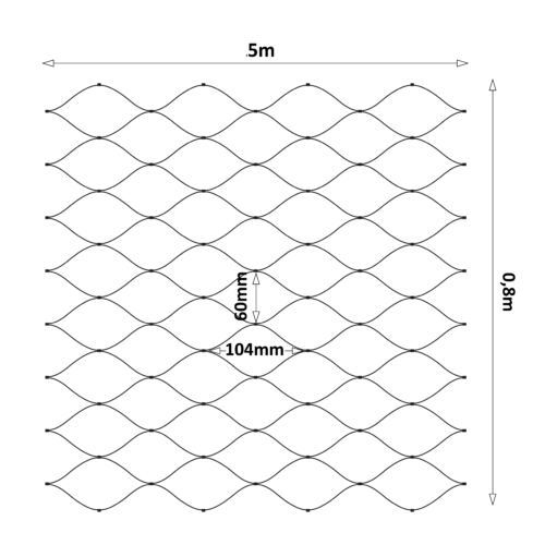 Lanová sieť, 0,8 x 5 m, oko 60 x 104 mm, ø 2 mm, AISI 304